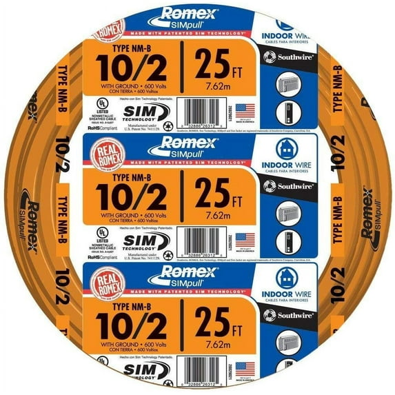 Southwire 28829021 25' 10/2 with ground Romex brand SIMpull residential indoor electrical wire type NM-B, Orange