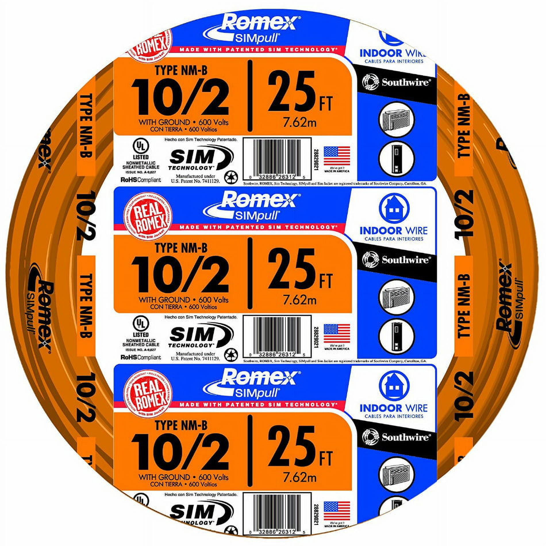 Southwire 28829021 Romex Non-Metallic Sheathed Cable w/Ground, 10/2, Copper, 25', Each
