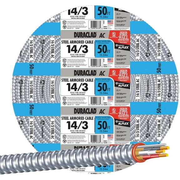 Southwire Armored Cable Electrical Wire 55278522 - 14/3 Copper, Steel Jacket - 50 Ft