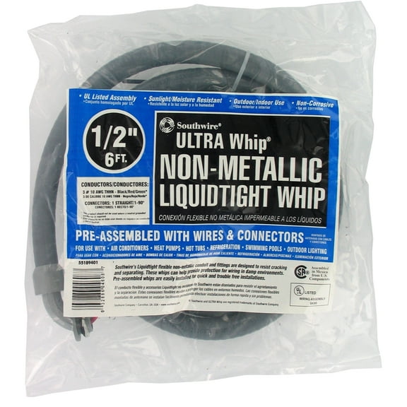 Southwire 55189407 1/2" x 72" Pre-Assembled Non-Metallic Hook Up Whips