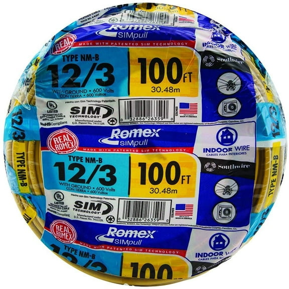 Southwire 63947628 100' 12/3 with ground Romex brand SIMpull residential indoor electrical wire type NM-B, Yellow