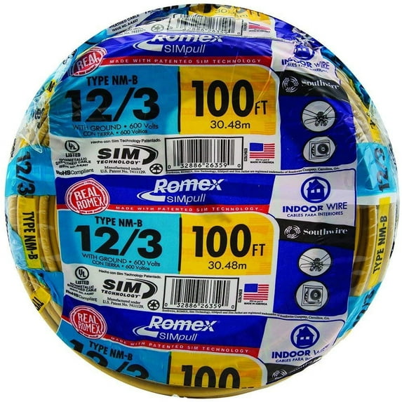 Southwire 63947628 100' 12/3 with ground Romex brand SIMpull residential indoor electrical wire type NM-B, Yellow