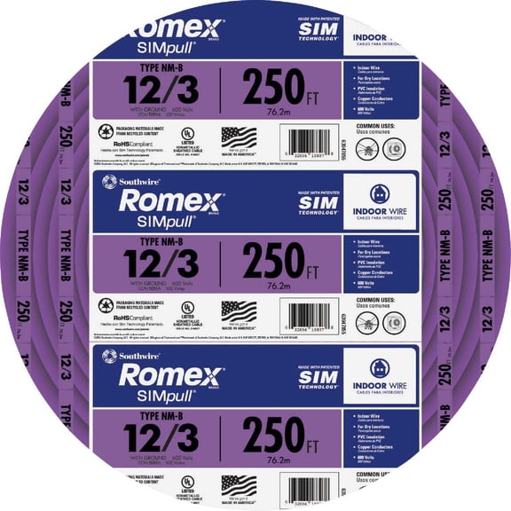 Southwire Romex 12/3 Solid Electrical Wire - 250 Ft, Purple
