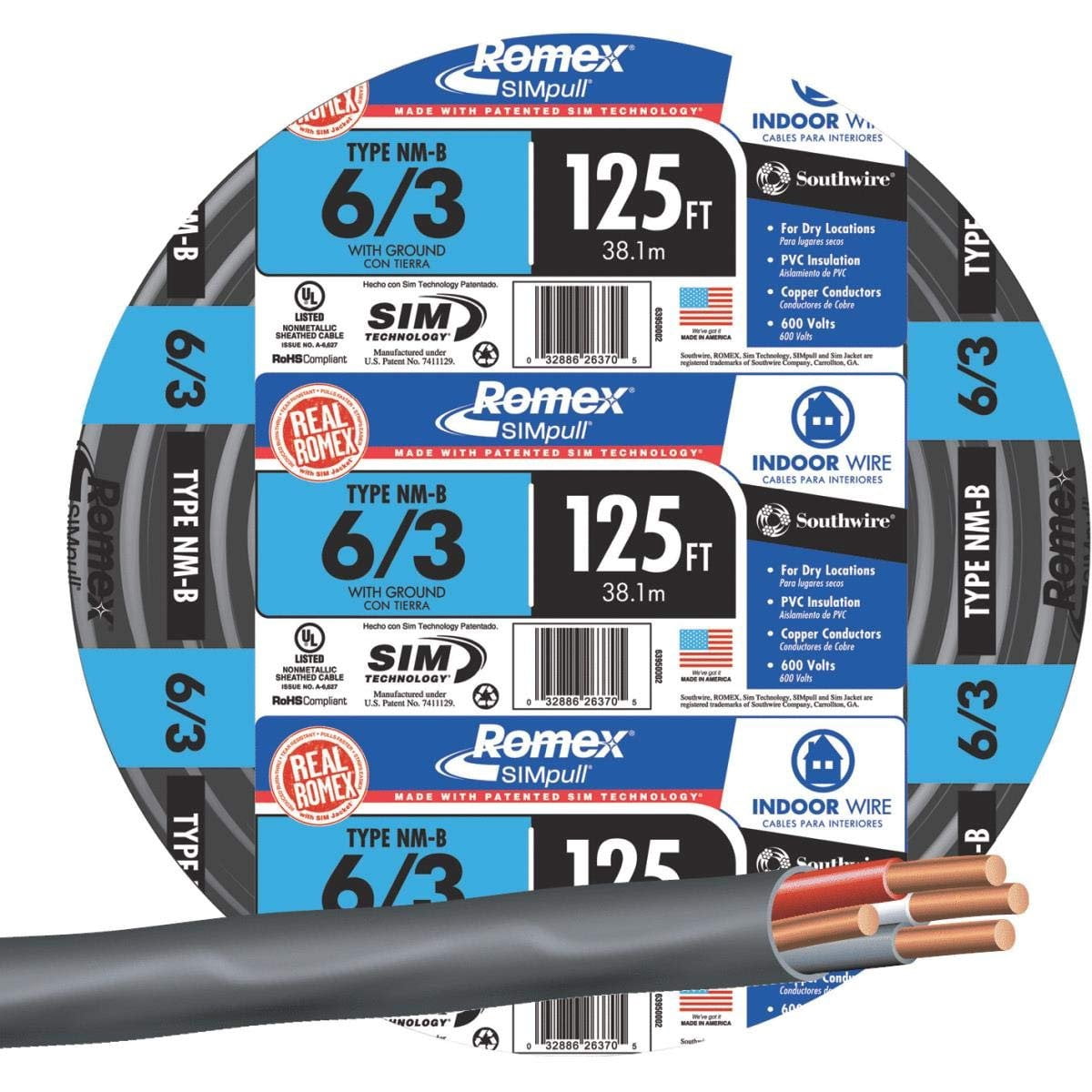 Southwire Electrical Wire, 6/3 NM-B Sheathed Cable, 125' Grounding ...