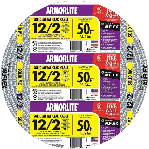 Southwire 68580052 50-Foot 12-Gauge 2-Conductor Type MC Cable, Aluminum