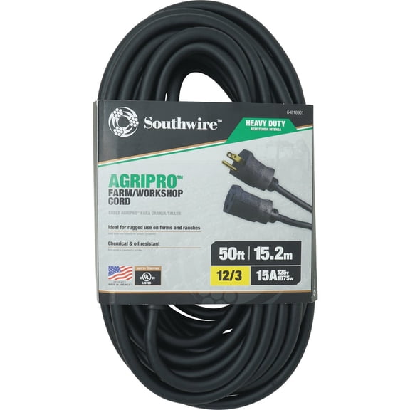 Southwire AGRIPRO Heavy Duty Extension Cord, 50Ft, 12 Gauge, 3 Conductor, Farm/Workshop Cord SJTOW, Black, 64816901