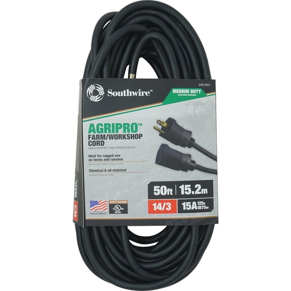 Southwire AgriPro Medium Duty Extension Cord - All-Copper Wire - Extra Durable Molded Plug - Cold Weather Rated - Oil & Chemical Resistant - UL Listed - Farm & Workshop Ready - 50 Foot