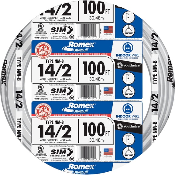 Southwire Building Wire 14 Gauge Electrical Wire 2 Conductor - 15 Amp 600V - 100' White