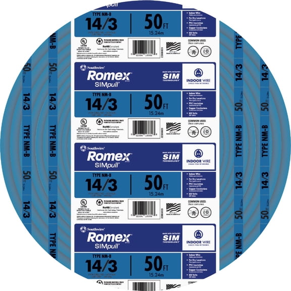 Southwire Building Wire 14 Ga, 3 Conductor 15 Amp 600 V 90 Deg C 50 ' White Indoor & Outdoor Use, NEC-Compliant