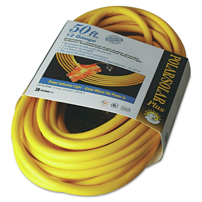Polar-Solar Outdoor Extension Cord 50ft Three-Outlets Yellow