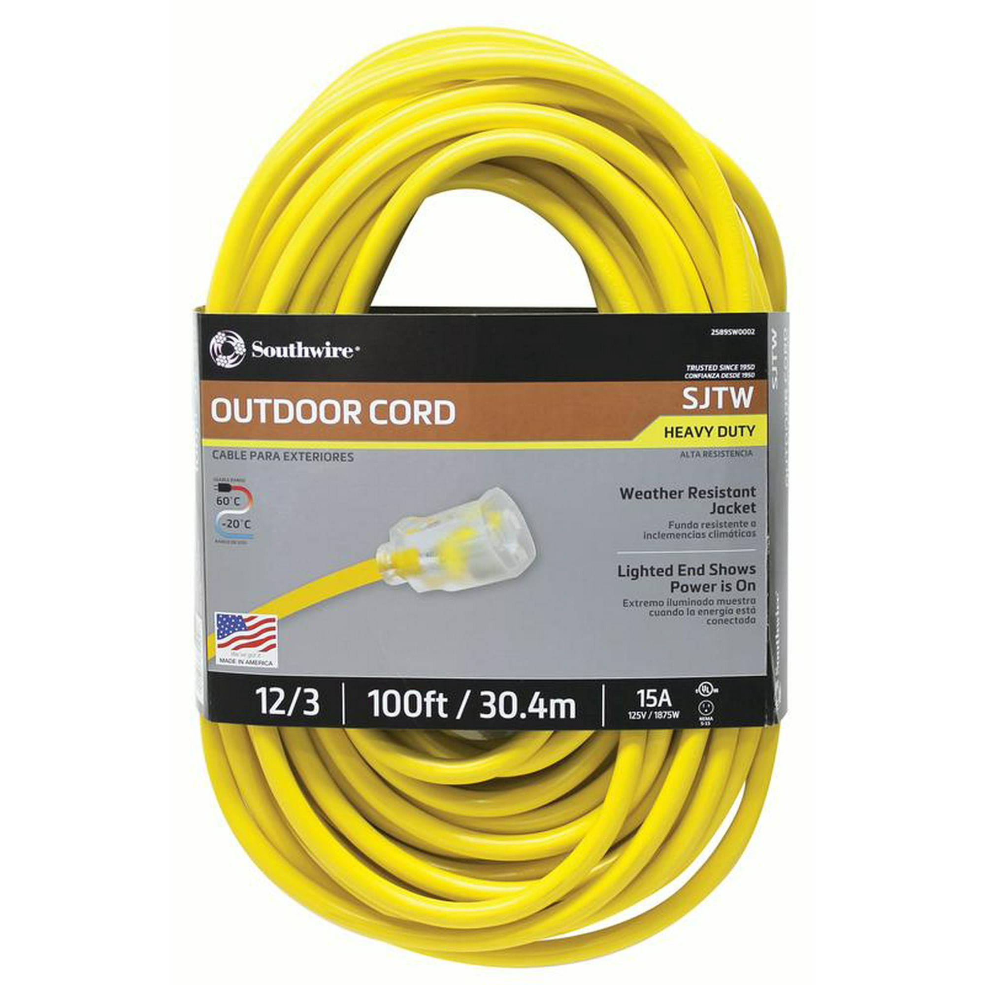 Southwire Outdoor Cord-12/3 SJTW Heavy Duty 3 Prong Extension Cord, Water Resistant Vinyl Jacket, Yellow, 100 Feet
