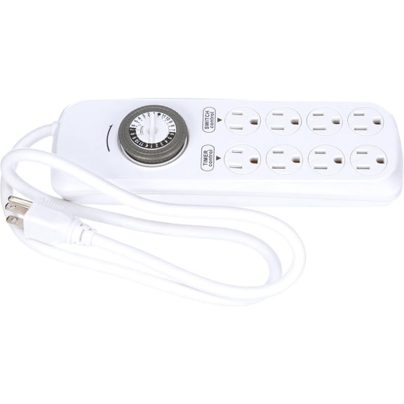 Southwire Indoor 8-Outlet Power Strip Timer - Power Strip with Built-In Mechanical Timer - Programmable Outlet Strip - Grounded Outlets - Daily Power Control - White