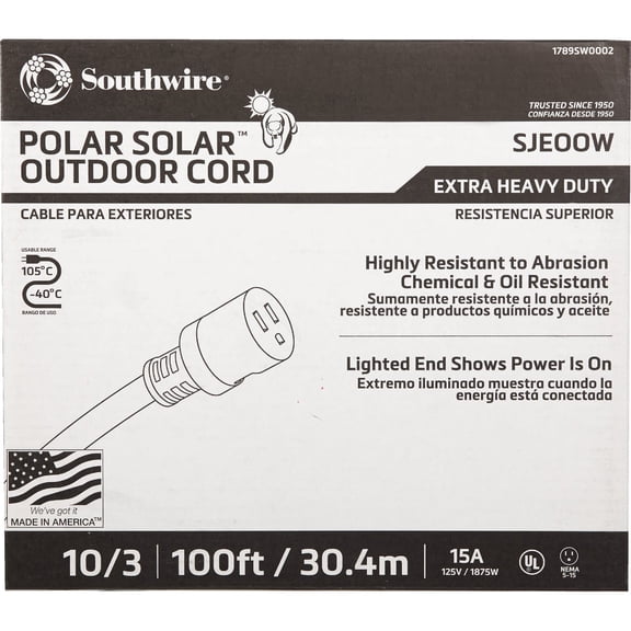 Southwire Polar Solar Extra Heavy Duty Extension Cord - Built for Cold Weather & Rugged Use - SJEOOW Jacket - High Visibility Yellow - Waterproof - Lighted End - 10/3 Outdoor Cord - 100 Feet