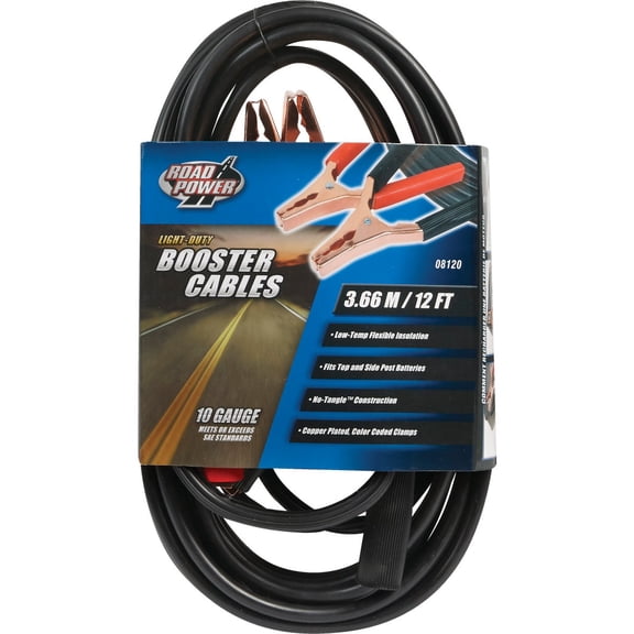 Southwire Road Power Commercial-Duty Booster Cable - Heavy Duty Design - Top & Side Post Compatible - Reliable Jump Start Tool - Tangle Free Automotive Jumper Cable - 10-Gauge - 12 Feet - Black