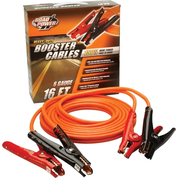 Southwire Road Power Commercial-Duty Booster Cable - Heavy Duty Design - Top & Side Post Compatible - Reliable Jump Start Tool - Tangle Free Automotive Jumper Cable - 6-Gauge - 16 Feet - Orange