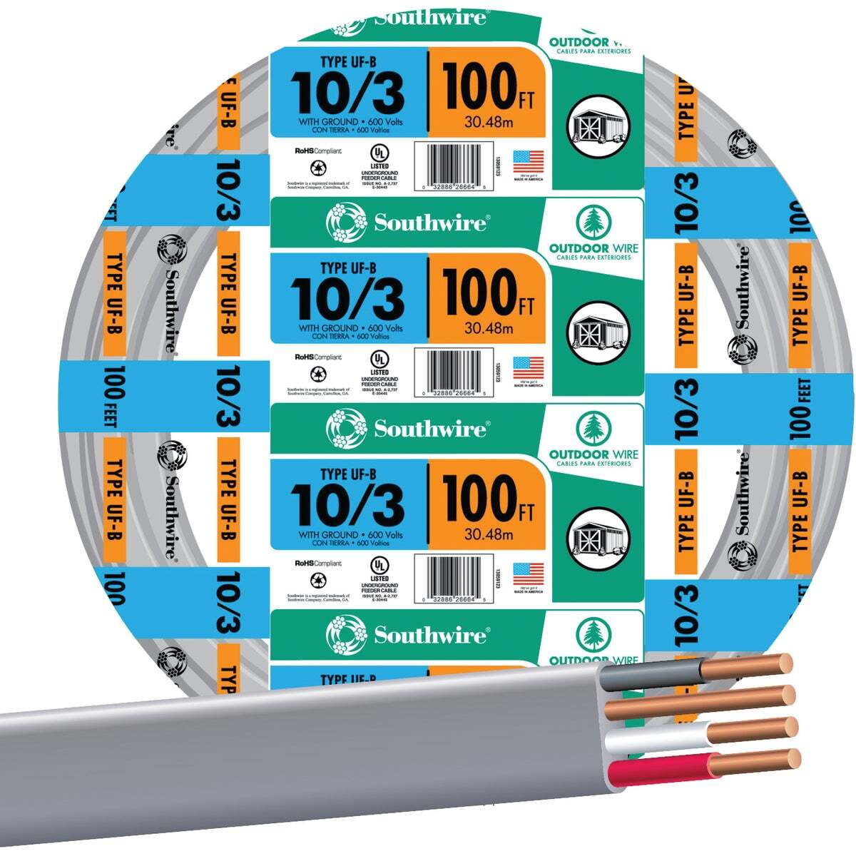 Southwire Romex® 10/3UF-W/GX100 Three Conductor Building Wire, Gray ...