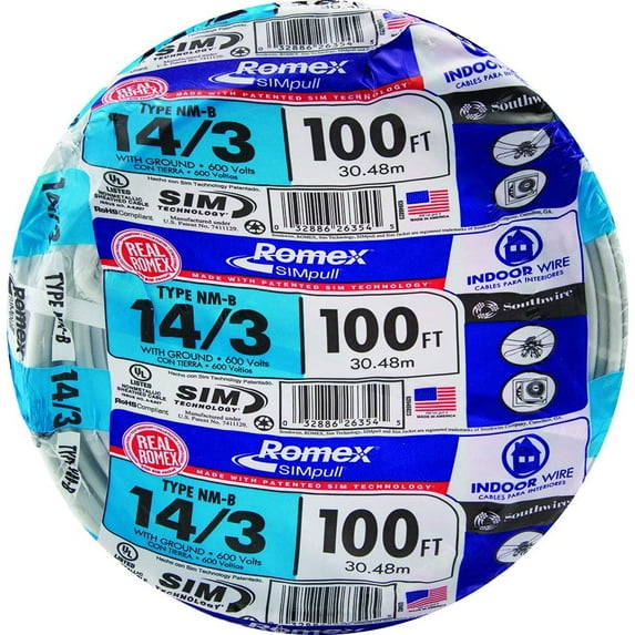 Southwire Romex 100' 14/3 with Ground Residential Indoor Electrical Wire type NM-B White, 7.72lbs
