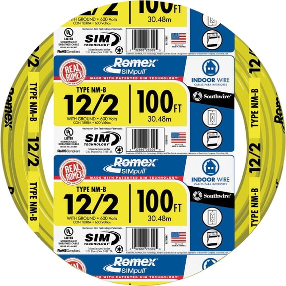 Southwire Romex Brand Simpull Solid Indoor 12/2 W/G NMB Cable 100ft Coil - SW# 28828228