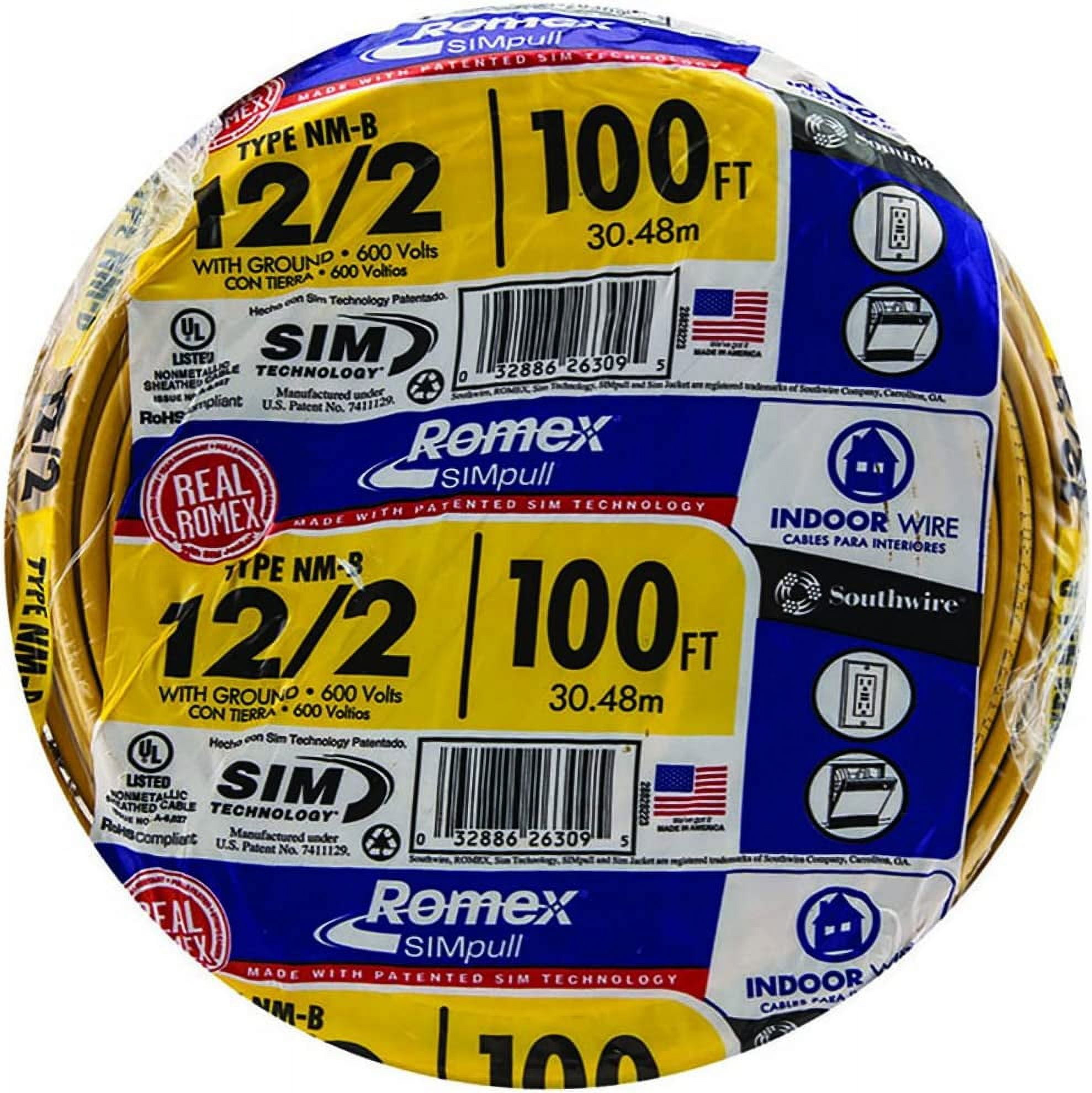Southwire Romex Brand Simpull Solid Indoor 12/2 W/G NMB Cable 100ft ...