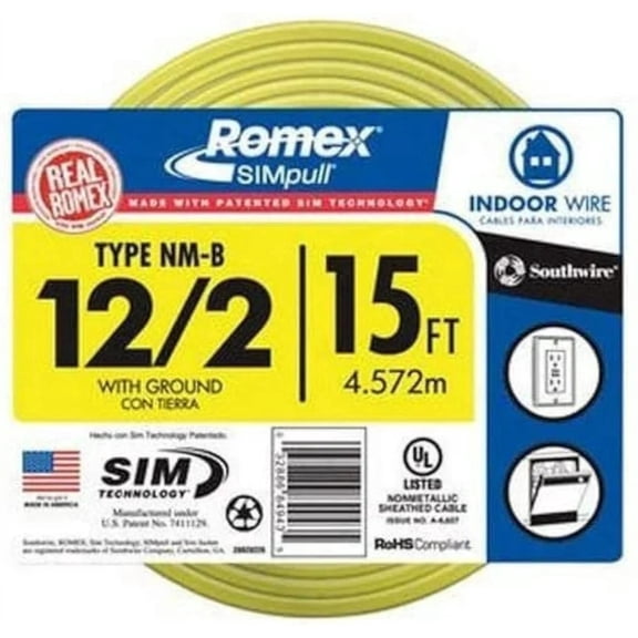Southwire Romex Brand Simpull Solid Indoor 12/2 W/G NMB Cable 15ft Coil, SW# 28828226