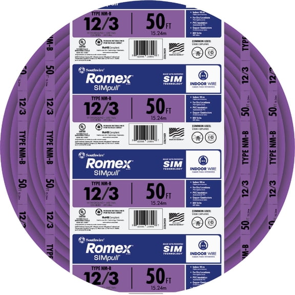 Southwire Romex Brand Simpull Solid Indoor 12/3 W/G NMB Cable 50ft coil - SW 63947622