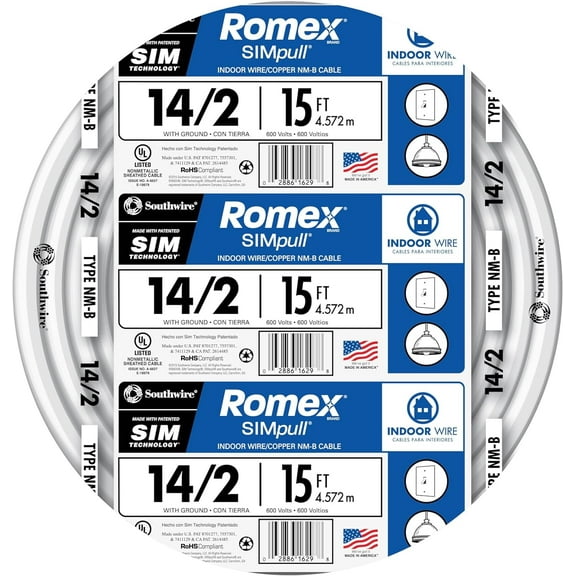 Southwire Romex Brand Simpull Solid Indoor 14/2 W/G NMB Cable 15ft coil - SW# 28827426 White