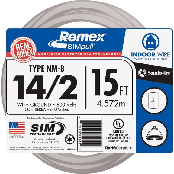 Southwire Romex Brand Simpull Solid Indoor 14/2 W/G NMB Cable 15ft coil - SW# 28827426
