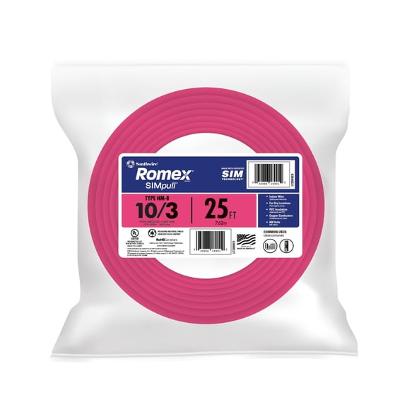 Southwire Romex SIMpull Residential Wire, 10 Gauge, 3 Conductor, 25Ft, NMW/G Wire, Pink, 63948521