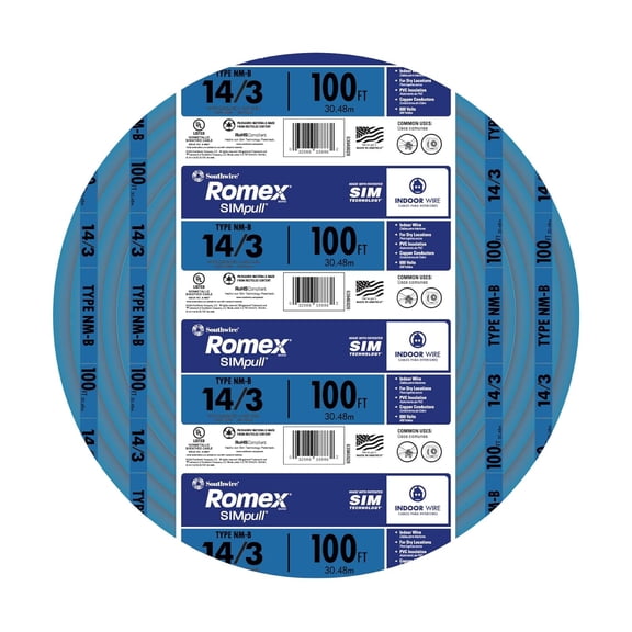 Southwire Romex SIMpull Wire, 14 Gauge, 3 Conductor, 100 Ft, W/G NM-B Cable, Blue, 63946928