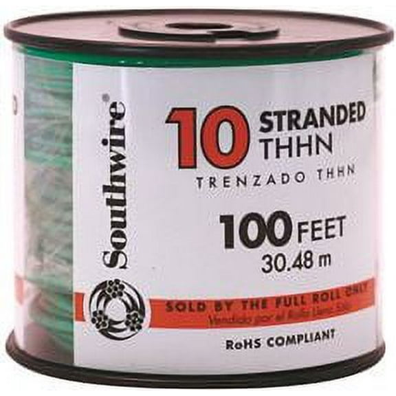 Southwire Simpull Thhn, 10 Gauge Thhn Stranded Wire, Green, 100 Ft. Per Roll