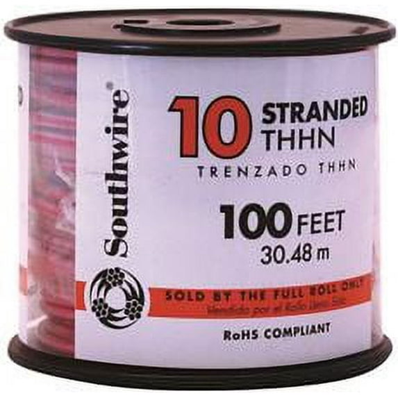 Southwire Simpull Thhn, 10 Gauge Thhn Stranded Wire, Red, 100 Ft. Per Roll