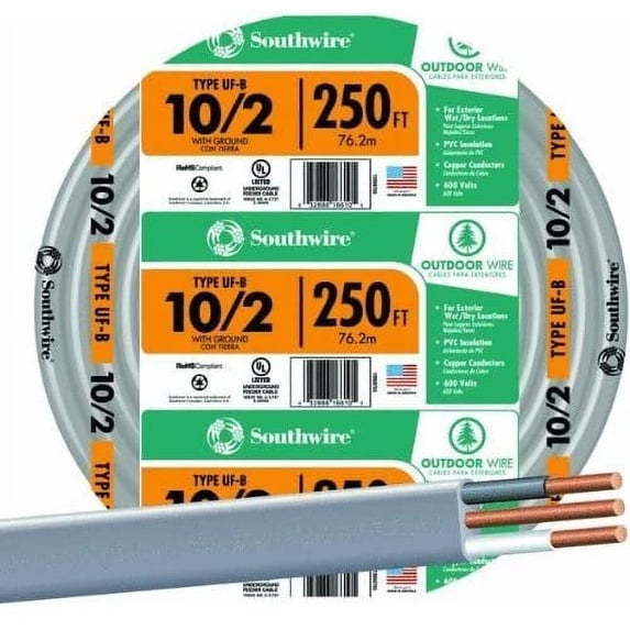 Southwire Underground Feeder Wire 10 Ga, 2 Conductor 30 Amp 600 V 90 Deg C 250 ' Gray