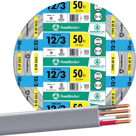 Southwire Underground Feeder Wire 12 Ga, 3 Conductor 20 Amp 600 V 90 Deg C 50 ' Gray Indoor & Outdoor Use, NEC-Compliant