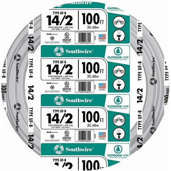 Southwire Underground Feeder Wire - 14 Ga, 2 Conductor, 15 Amp, 100', Gray