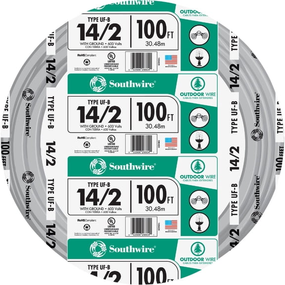 Southwire Underground Feeder Wire - 14 Ga, 2 Conductor, 15 Amp, 100', Gray  Indoor & Outdoor Use, NEC-Compliant