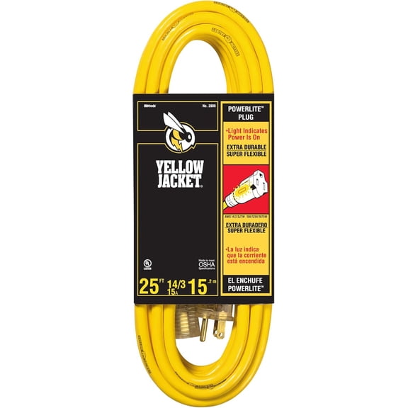 Southwire Yellow Jacket Heavy Duty Extension Cord - Outdoor Power for Tools & Equipment - Lighted End with SJTW Jacket & Three Prong Plug - 25 Foot