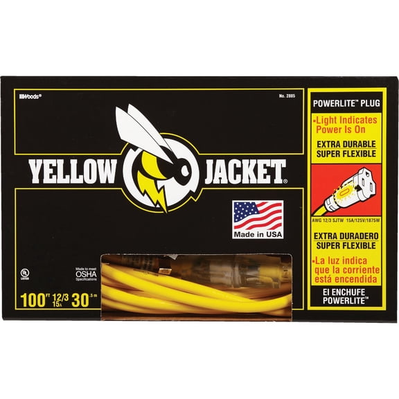 Southwire Yellow Jacket Heavy Duty Extension Cord - Reliable Outdoor Power for Tools & Equipment - Lighted End with Weather Resistant SJTW Jacket - 100 Foot