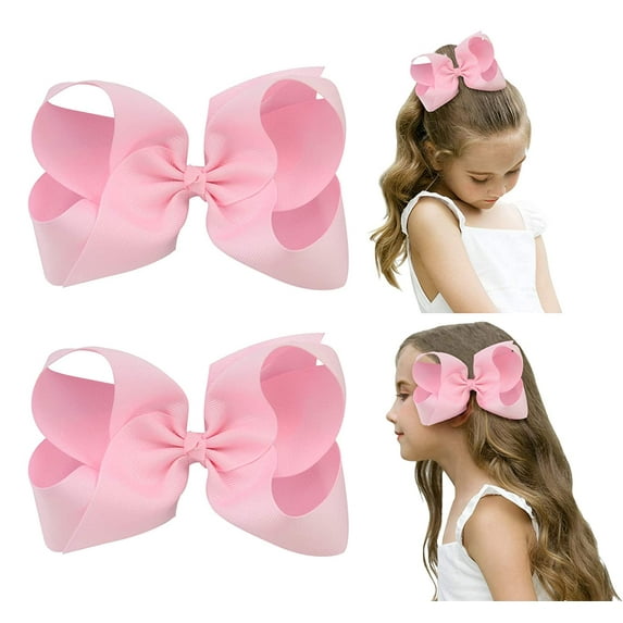 Southwit 2 PCS 6" Big Hand-made Grosgrain Ribbon Solid Color Hair Bows Alligator Clips Hair Accessories for Little Teen Toddler Girls Kids Set of 2 -Light Pink