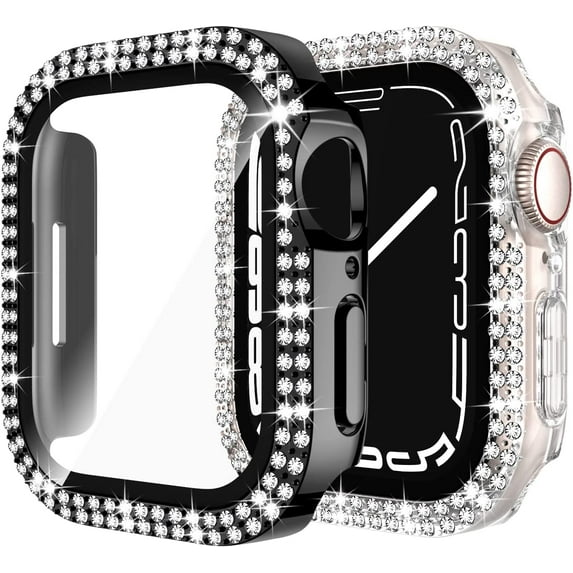 2-Pack Bling Case Compatible for Apple Watch 42mm Series 3/Series 2/Series 1 with Screen Protector PC Shockproof Diamond Rhinestone Bumper Face Cover for iWatch Women (42mm, Black/Clear)