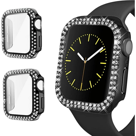 2 Pack Diamond Case Tempered Glass Screen Protector Compatible with iWatch 44mm Series 4/5/6/SE, Bling Diamonds Hard PC Bumper Cover Frame Compatible with iWatch 44mm (Black/Black)