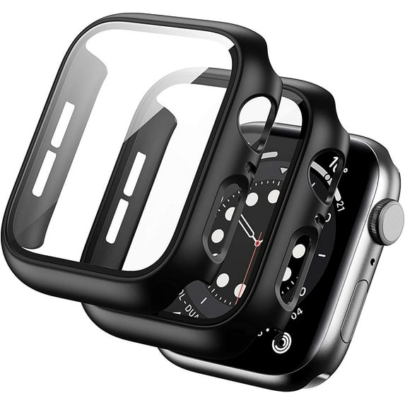 2 Pack Hard PC Case Compatible with Apple Watch Series 3/2/1 38mm, Case with Tempered Glass Screen Protector Overall Bubble-Free Cover for iWatch Accessories, Black+Black