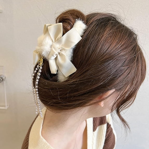 Southwit Hair Claws Women Pearls Tassel Elegant Bow Faux Fur Grips Sweet Long Hair Hold Plush Hair Clips Hairpin Fashion Hair Accessories (Pearl Fringed-White), L
