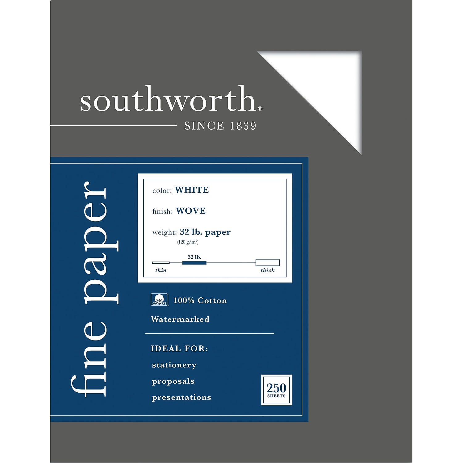 Southworth 100% Cotton Business Paper White 32 lbs. 8-1/2 x 11 250/Box JD18C