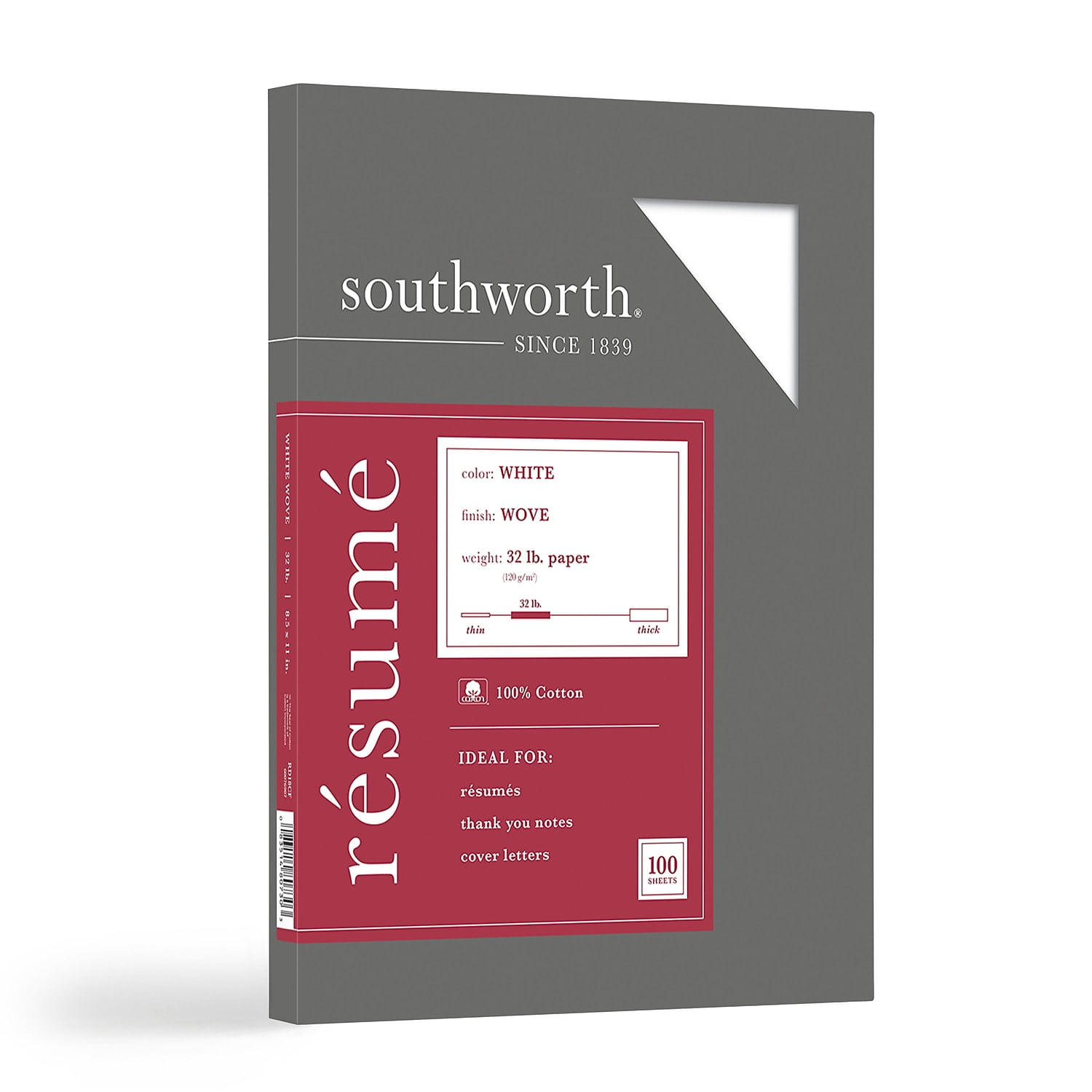 Southworth 100% Cotton Resume Paper, 95 Bright, 32 Lb, 8.5 X 11, White,  100-Pack