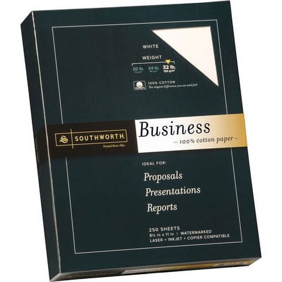Southworth-1PK 100% Cotton Business Paper, 95 Bright, 32 Lb Bond Weight, 8.5 X 11, White, 250/Pack