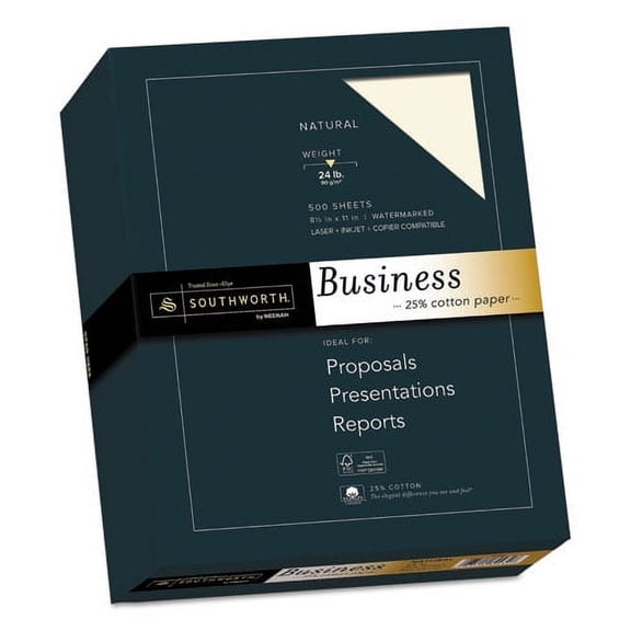 Southworth "25% Cotton Business Paper, 24 lb Bond Weight, 8.5 x 11, Natural, 500 Sheets/Ream Bundle of 10 Boxes"