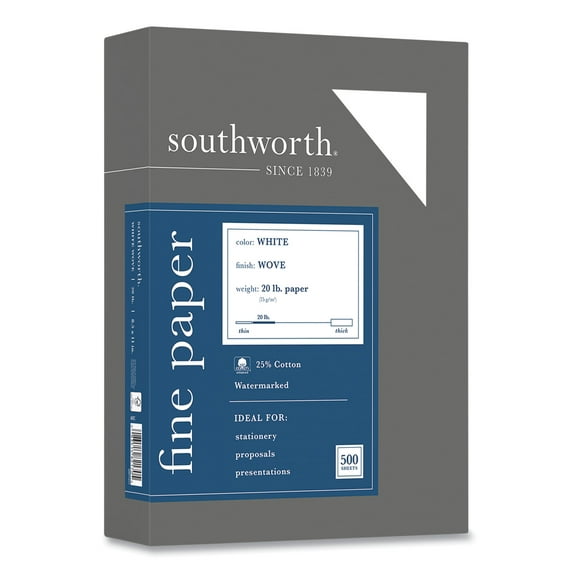 Southworth 25% Cotton Business Paper, 95 Bright, 20 lb, 8.5 x 11, White, 500/Ream (403C)