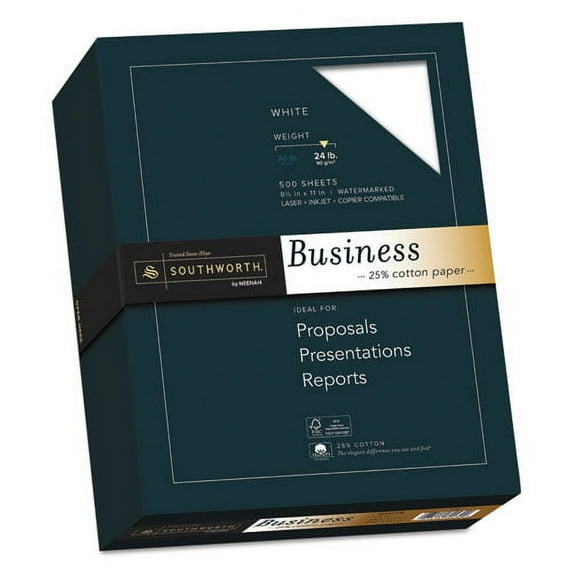 Southworth "25% Cotton Business Paper, 95 Bright, 24 lb Bond Weight, 8.5 x 11, White, 500 Sheets/Ream | Bundle of 10 Boxes"