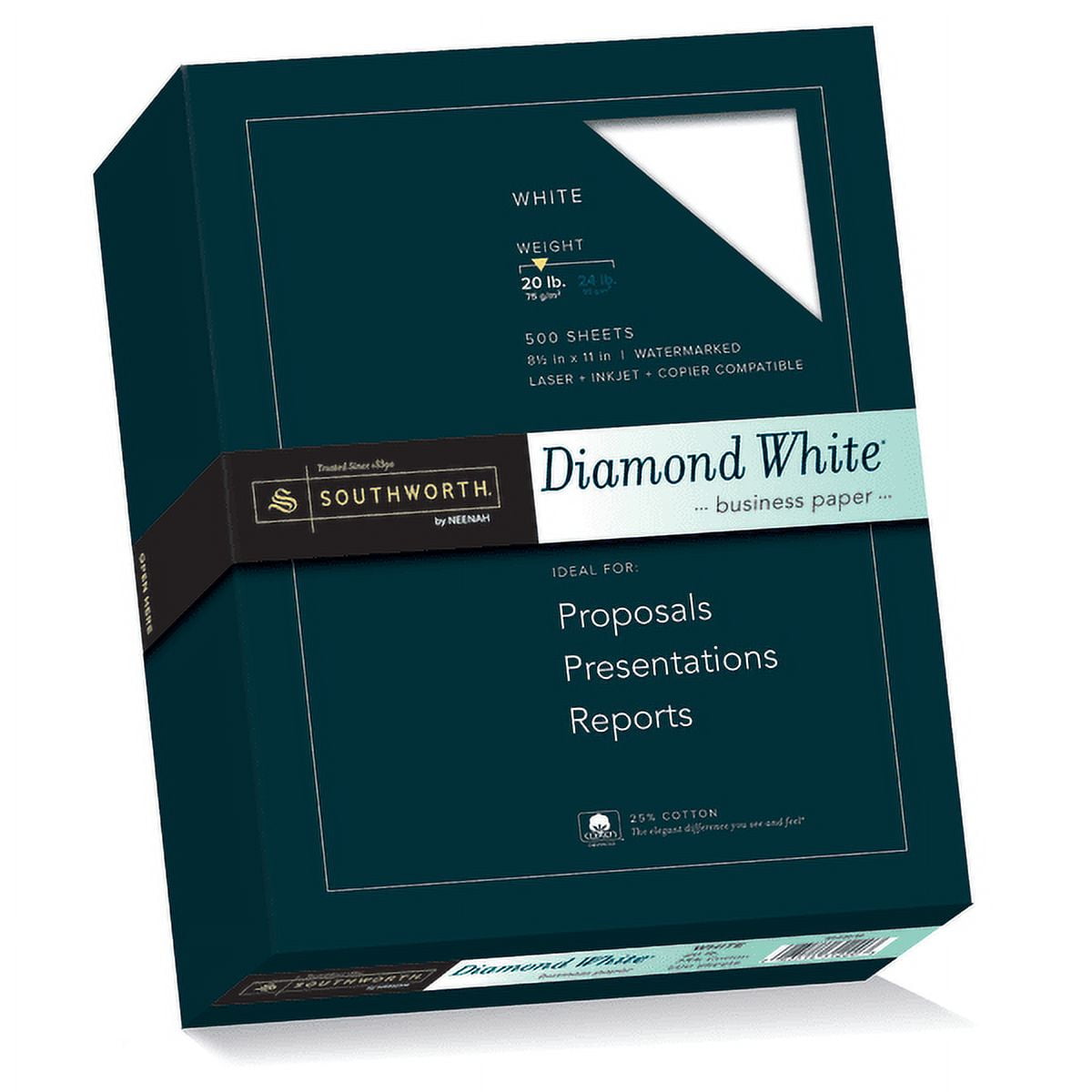 Southworth 25% Cotton Diamond White Business Paper, 95 Bright, 20 lb, 8.5 X 11, 500/ream | Bundle of 5 Boxes