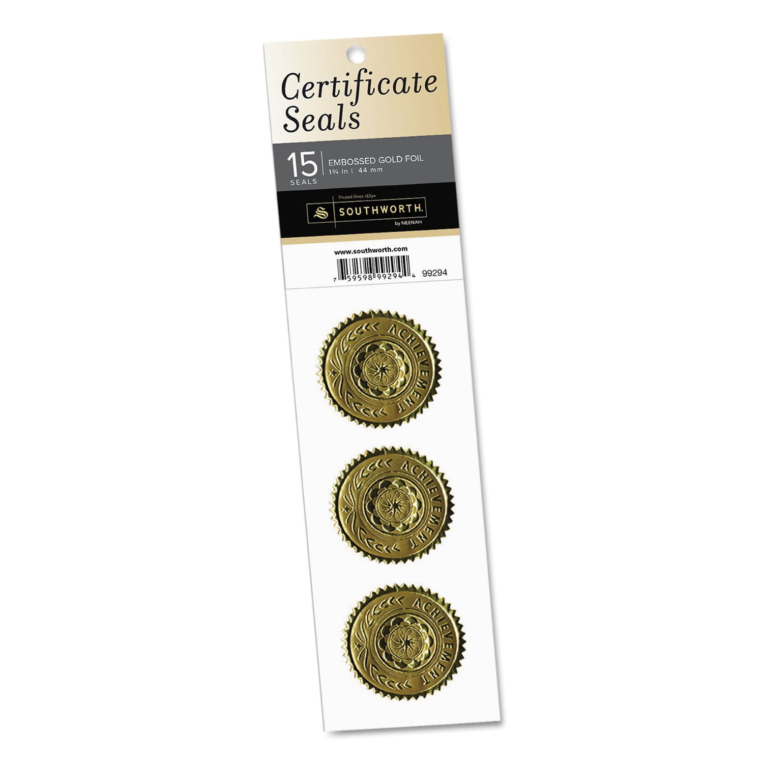 Southworth Company 99294 Certificate Seals, "achievement", 1 3/4" Dia., Gold, 15/pack